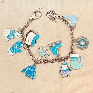 Handcrafted Winter Enamel Charm Bracelet Stainless Steel Oval Rolo Chain Blue
